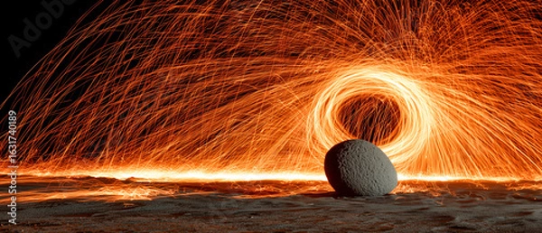 Obraz Fiery Trails: Light Painting Around a Stone