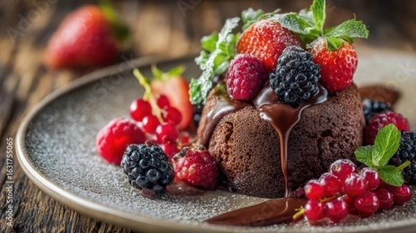Fototapeta A scrumptious chocolate cake sits on a rustic plate, adorned with vibrant strawberries, raspberries, and blackberries, garnished with mint leaves and a drizzle of chocolate sauce