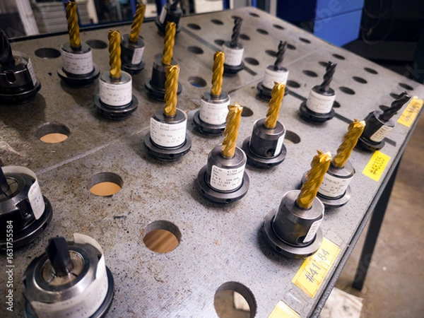 Fototapeta Drill bits organized on a tool rack in a manufacturing workshop during daytime