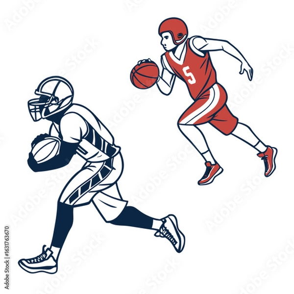 Fototapeta American football and basketball players running isolated on white background