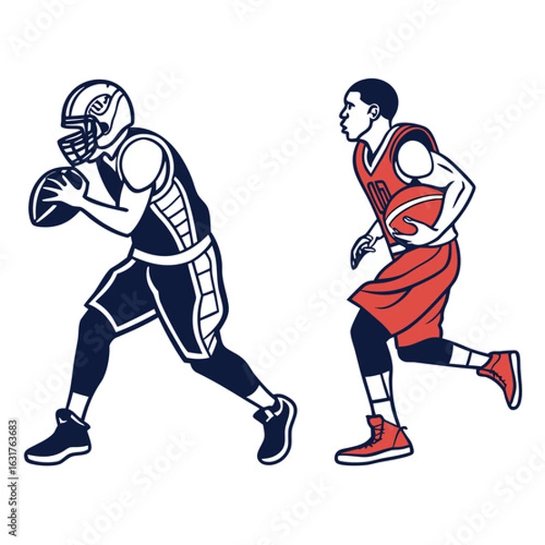 Fototapeta American football and basketball players running isolated on white background