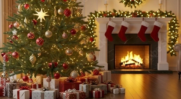 Obraz Christmas tree with presents in a cozy living room with fireplace