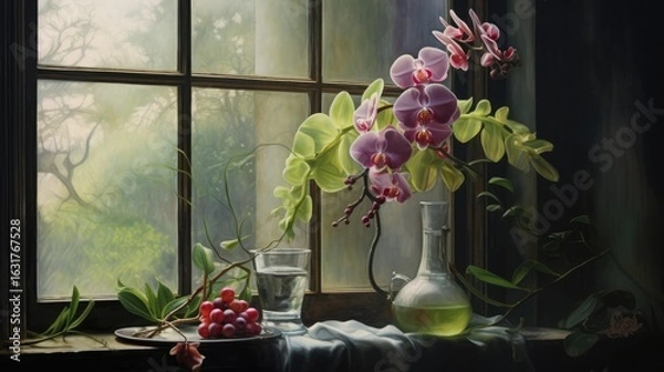 Fototapeta A delicate arrangement of blooming pink orchids presented in a clear glass vase, set against a soft, neutral background, conveying a sense of calmness and beauty.
