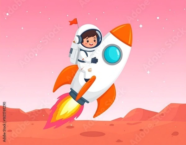 Obraz A child astronaut in a rocket ship over a red planet