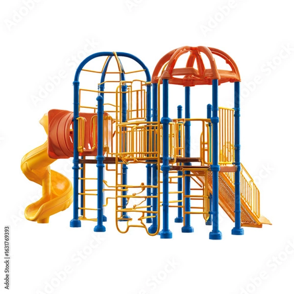 Fototapeta Colorful playground equipment with slides and climbing structures isolated on transparent background