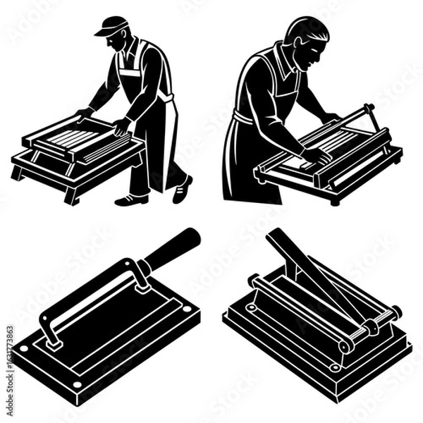 Fototapeta Illustration of two men using tile cutters and two tile cutters in black and white isometric view