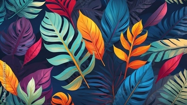 Obraz Decorative seamless pattern featuring exotic tropical leaves. A vibrant and modern botanical illustration for use in fashion, interior design, and art projects.