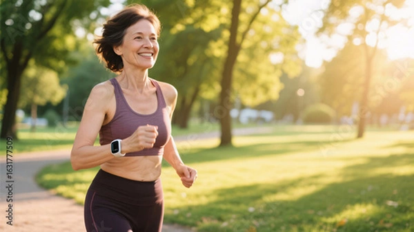 Fototapeta Mature woman enjoying a morning jog in nature, using smart fitness tracker to support emotional and physical health during perimenopause.