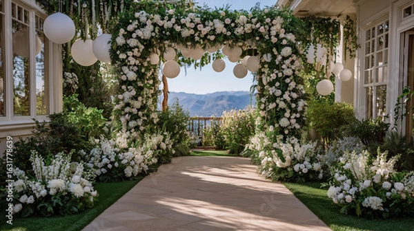 Fototapeta Sunlight filters through tall hedges and hanging garlands, highlighting an intricately decorated wedding arch of roses, lilies, and white balloons, romantic and airy setting for ou