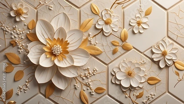 Fototapeta Elegant pattern of multiple 3D white and gold flowers on textured hexagonal cream tiles