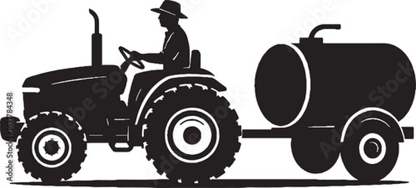 Fototapeta Tractor with Water Tanker in Action on Isolated White Background black and white silhouette