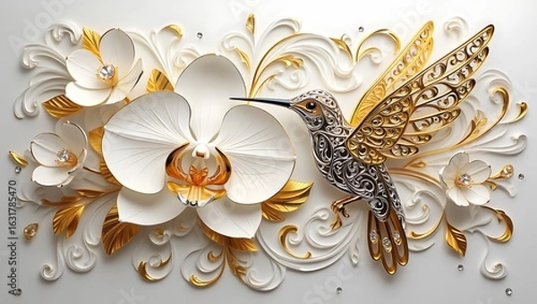 Fototapeta Luxurious 3D Wall Art with White Orchids, Golden Leaves, and an Ornate Hummingbird with Crystal Accents