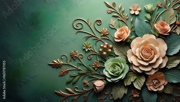 Fototapeta Elegant 3D floral relief with golden accents on a vibrant emerald green textured background.
