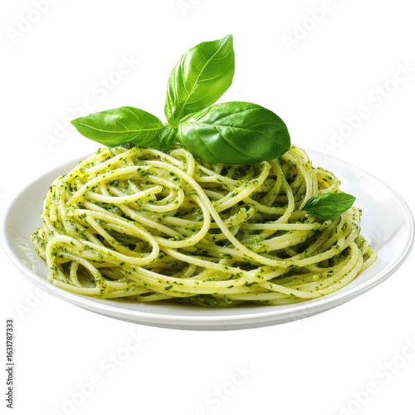 Fototapeta Delicious Spaghetti Pesto with Fresh Basil Leaves, a Classic Italian Dish, Perfect for Restaurant Menus and Food Blogs on transparent background