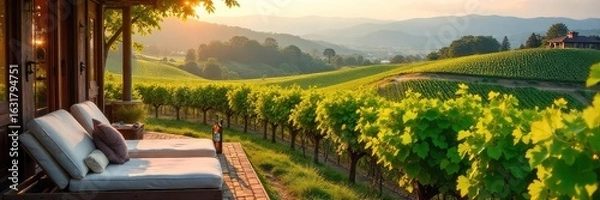 Fototapeta Relax and unwind amidst rolling vineyards during a luxurious winery holiday Enjoy stunning scenery, delicious wine tasting, and tranquil accommodation , vacation, tranquil, bottle