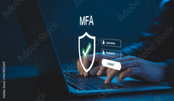 Obraz User Typing on Laptop with Multi-Factor Authentication (MFA) Security Shield Login Interface