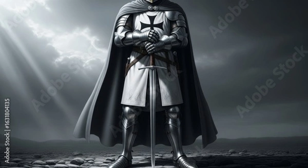 Fototapeta A knight templar in full armor stands with sword on a rocky ground under a dramatic sky with light rays