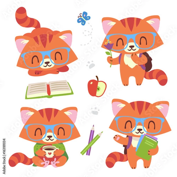 Obraz vector cartoon style kawaii nerd cat set