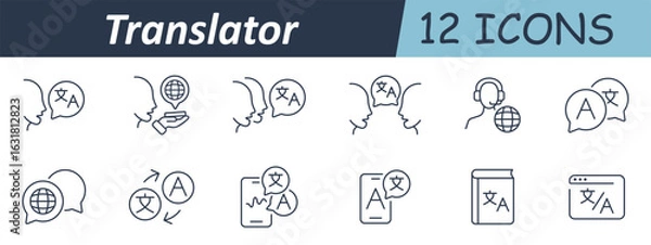 Fototapeta Translator set icon. Speech heads, globe icon, translation arrows, mobile screen, language bubbles, book conversion, headphone support, browser window, multilingual symbol