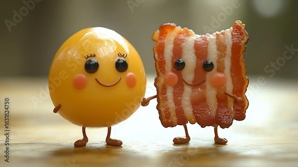 Fototapeta Cheerful cartoon egg and bacon characters holding hands, smiling. Both are anthropomorphic food items