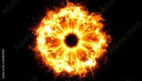 Fototapeta A dynamic fire burst effect with intense flames and sparks radiating outward, set against a dark background.