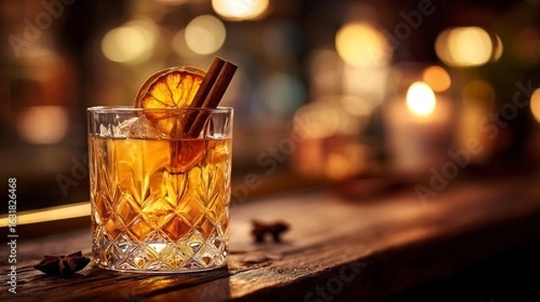 Fototapeta Autumn Spiced Cocktail with Cinnamon and Orange on a Rustic Bar
