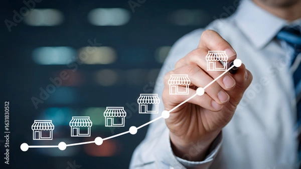 Fototapeta Business growth visualization showing expanding franchise locations and increasing success with upward trend line