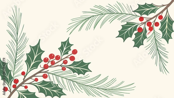 Obraz Festive Holly and Pine Sprigs Design Element.