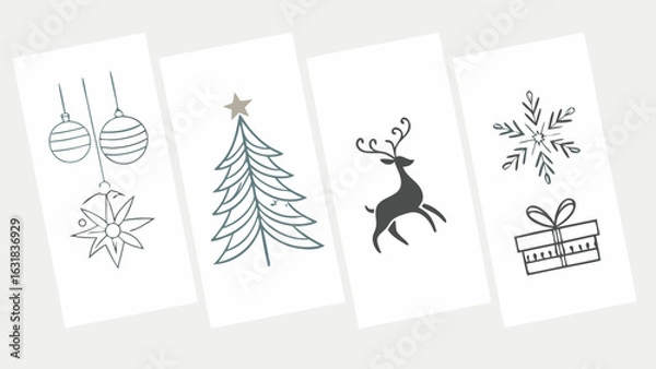 Fototapeta Minimalist Christmas Illustrations Featuring Ornaments Tree Reindeer Snowflake and Gift.