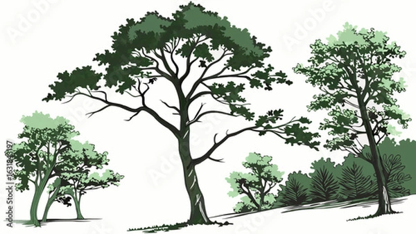 Fototapeta Stylized Illustration of Various Green Trees and Foliage.