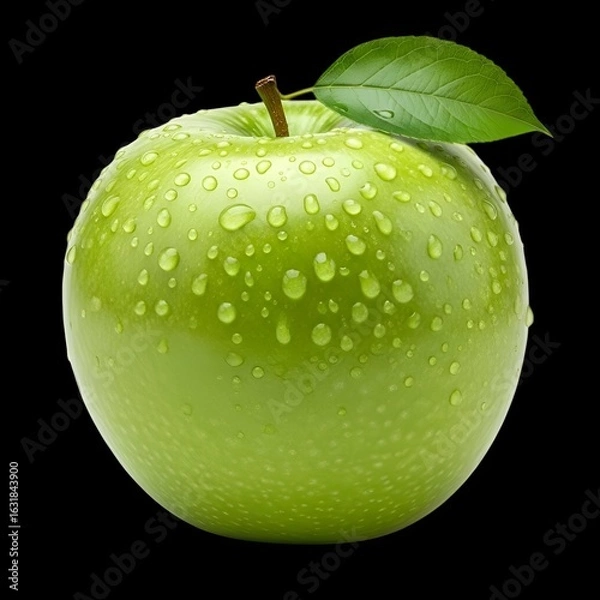 Fototapeta Crisp green apple glistens with refreshing droplets against a sleek black backdrop, a vibrant healthy snack