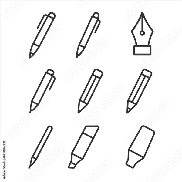 Fototapeta Writing Tools Icons. Outline style icon of Writing Instruments: ballpoint pen, gel pen, fountain pen nib, mechanical pencil,