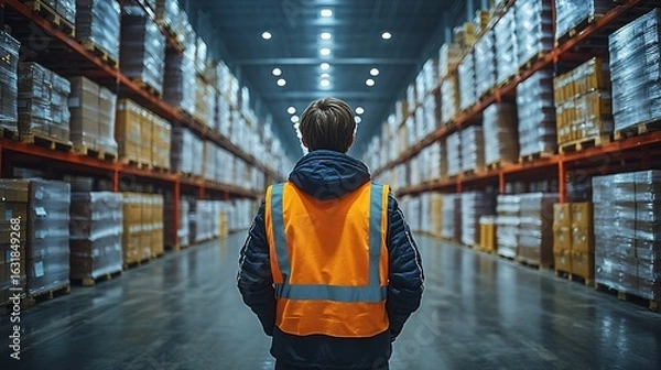 Obraz A worker in a reflective vest stands in a warehouse aisle, observing neatly stacked boxes on shelves