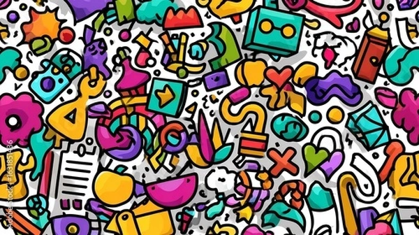 Fototapeta Colorful and playful doodle illustration featuring abstract shapes and elements