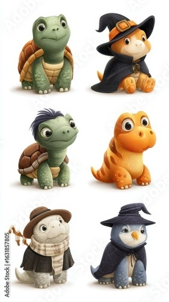 Fototapeta Cute characters in whimsical costumes, showcasing playful creatures celebrating a festive occasion in a colorful illustration