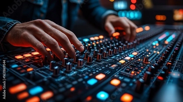 Obraz Close-up of hands manipulating audio mixing console with illuminated knobs and lights. In studio environment