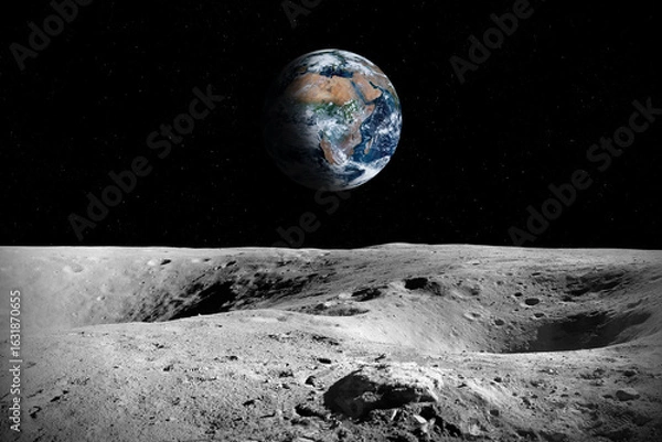 Fototapeta Moon surface and Earth. View on the planet Earth from the Moon surface.