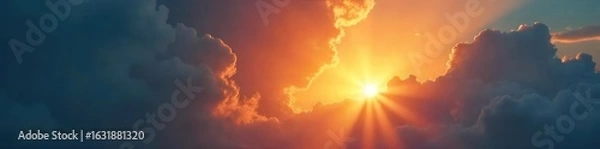 Fototapeta A sunrise breaking through dark clouds, symbolizing hope and new beginnings in the Christian faith Perfect for Easter, Lent, or general religious themes , miracle, resurrection, bible