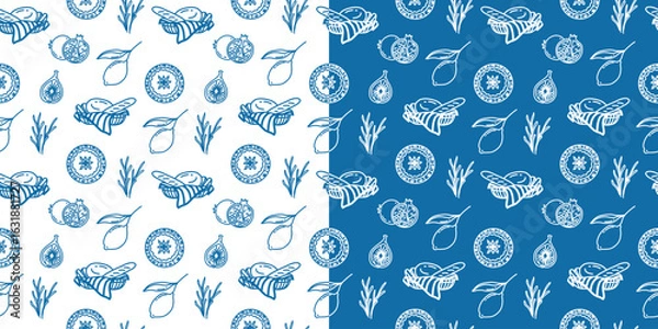 Fototapeta Contemporary blue Mediterranean seamless pattern with hand-drawn lemons, rosemary, figs, and bread