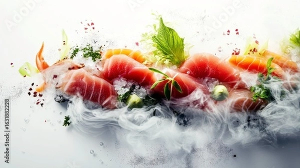 Fototapeta Delectable Sashimi Delight: An artful arrangement of fresh sashimi, meticulously presented and ready to tantalize the senses with vibrant colors and an ethereal touch.