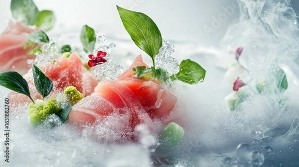 Fototapeta Gastronomic Symphony: A culinary composition of fresh sushi, exquisitely arranged amidst delicate foliage, textures, and a dreamy misty atmosphere, a true visual feast.