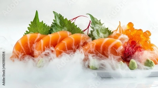Fototapeta Salmon Sashimi on the rocks: Exquisite slices of fresh salmon sashimi are artfully arranged, complemented by vibrant green garnish and delicate roe.