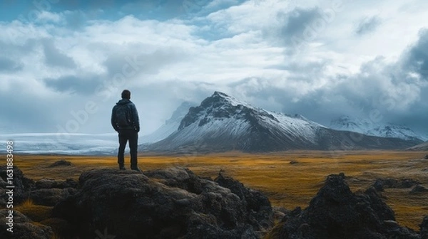 Fototapeta Solitude in Icelandic expanse , A traveler gazes at distant mountains