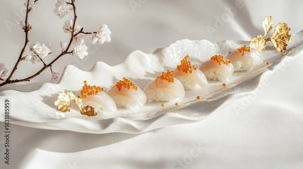Fototapeta Gourmet Sushi Delight: Exquisite nigiri sushi, carefully arranged on a pristine wave-shaped plate, alongside delicate cherry blossom branches. A culinary masterpiece.