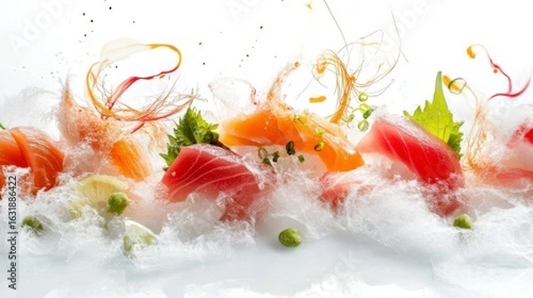 Fototapeta A Gastronomic Overture: A visually stunning composition of meticulously arranged sashimi pieces, including succulent salmon, tuna, and shrimp, delicately presented with artful garnishes
