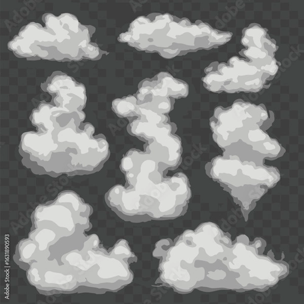 Obraz Vector collection of stylized cartoon smoke clouds and steam puff shapes. Fog and vapor effect illustrations set.
