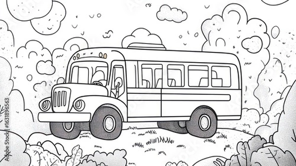 Fototapeta Whimsical school bus illustration for coloring book pages or design element