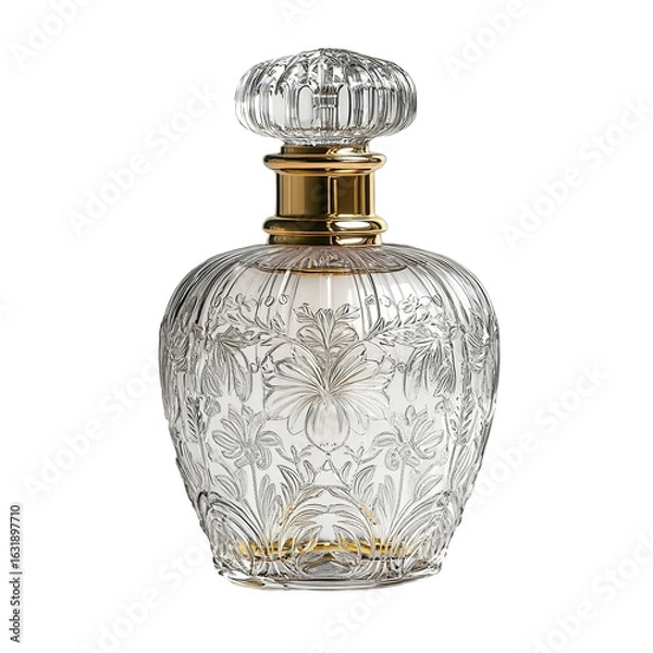 Obraz Front view of a perfume bottle with a delicate etched design and classic gold atomizer, white blank label, studio shot, isolated on a white background