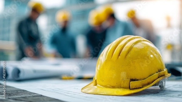 Fototapeta Yellow Safety Helmet on Construction Blueprint with Team in Background