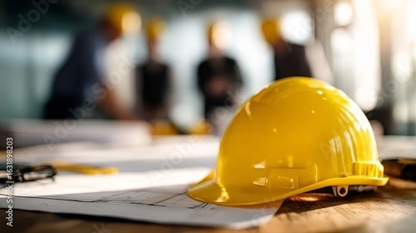 Fototapeta Yellow Safety Helmet on Construction Blueprint with Team in Background